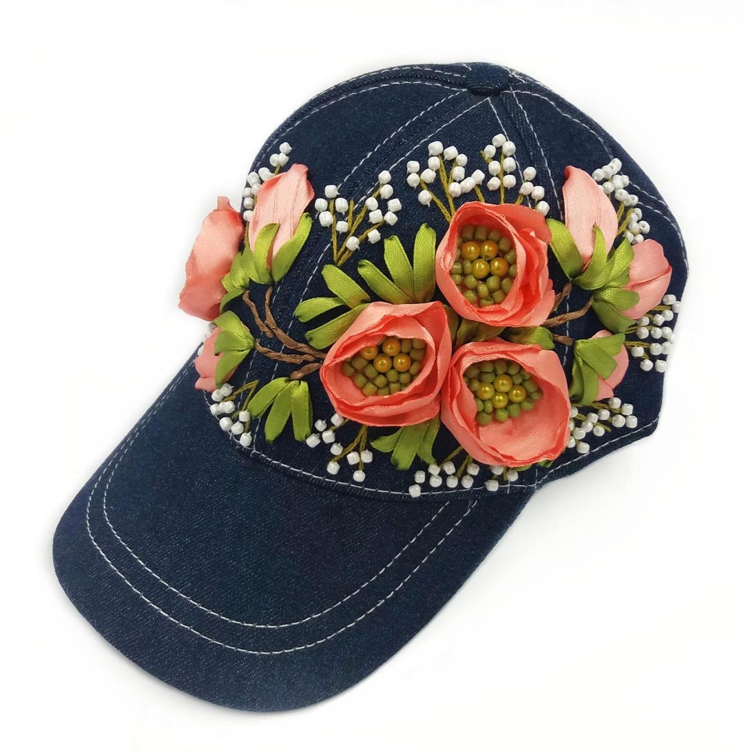 Hand Embroidered Floral Baseball Cap Botanical Cottagecore Wildflowers ...