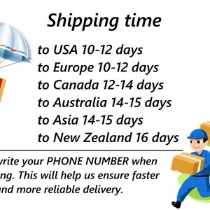 May include: A graphic illustration featuring a brown cardboard box suspended by a white and blue parachute, alongside text detailing shipping times to various regions and a request for a phone number, with a delivery worker carrying boxes.