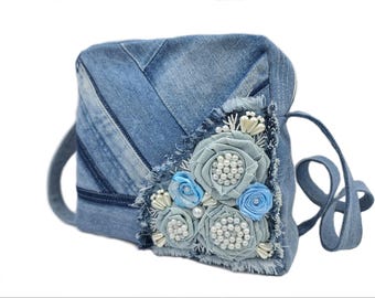 Embroidered Denim Crossbody Bag: Upcycled Jean Purse