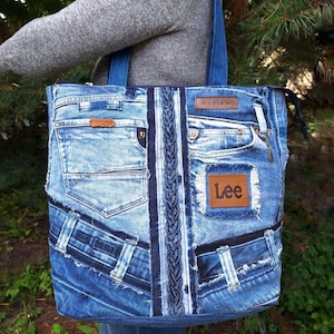Upcycled LEE Denim Shoulder Bag: Handmade Jean Tote with Pockets