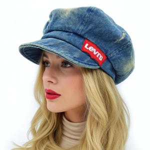 Upcycled Denim Patchwork Levis Newsboy Hat 23", Upcycled Frayed Jean Hat 58 cm Beret Bohemian Statement Hat, Vintage Recycled Jean Hat