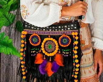 Boho Fringe Crossbody Hobo Bag: Faux Suede, Beaded Ethnic Pendants