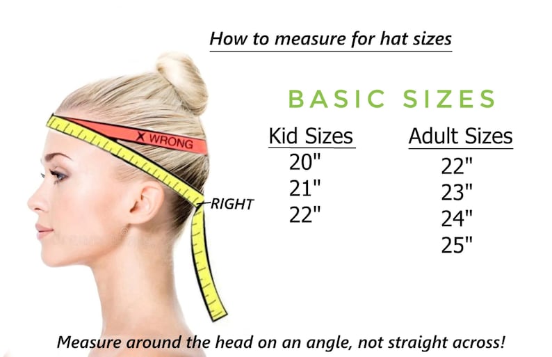 May include: Image showing how to measure head circumference for hat sizes. A woman's head is measured with a yellow measuring tape. Text indicates correct and incorrect measuring methods, and lists kid and adult hat sizes in inches.