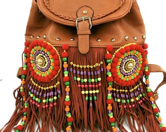 Faux Leather Fringe Backpack: Embroidered Boho Tribal Backpack Purse