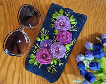 Embroidered Denim Sunglasses Case: Handmade Floral Ribbon Pouch