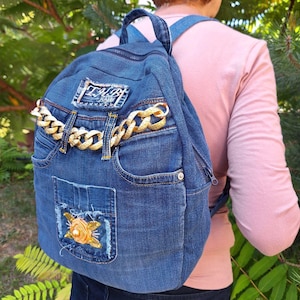 Oversized Recycled Denim Backpack: Embroidered Rose, Chain Detail