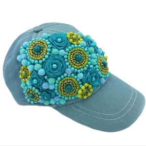 Hand Embroidered Denim Baseball Cap: Wildflower & Rose Design