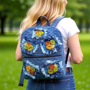 Recycled Denim Backpack With Unique Ribbon Embroidery and With Frayed Distressed Edges Patchwork Style, Embroidered Jean Back Pack Floral
