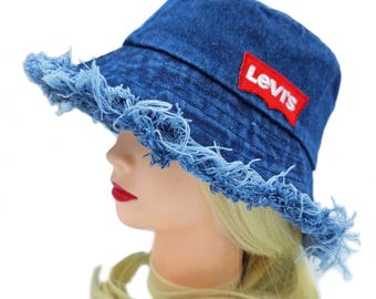Boho Denim Bucket Hat Levis Upcycled Vintage Style Unisex  display picture 1