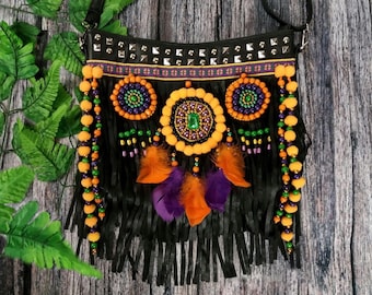 Bohemian Faux Leather Fringe Embellished Crossbody Hobo Bag With Embroidered Ethnic Pendants