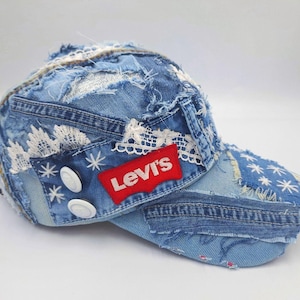 Recycled Denim Baseball Cap Denim Reworked Cap Distressed Ripped Jean Baseball Cap Levi Hat Vintage Levi Upcycled Cap Patchwork Denim Hat