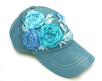 Hand Embroidered Floral Blue Ball Cap Wildflower Embroidered Denim Cute Ball Cap Hat Women Wash Cotton Botanical Summer Hat Rose Flower Cap