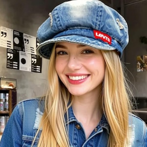 May include: A light blue denim newsboy cap with a distressed design and a red "Levi's" logo patch. The cap is worn by a person with blonde hair and a denim jacket. The image is taken in natural light.
