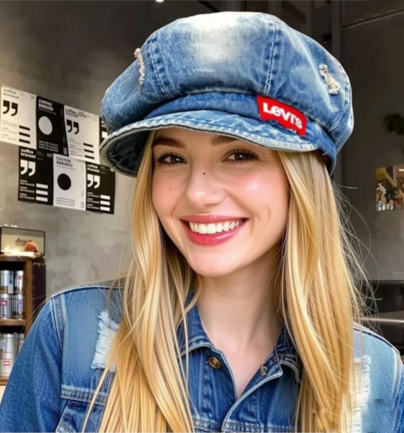 May include: A light blue denim newsboy cap with a distressed design and a red "Levi's" logo patch. The cap is worn by a person with blonde hair and a denim jacket. The image is taken in natural light.