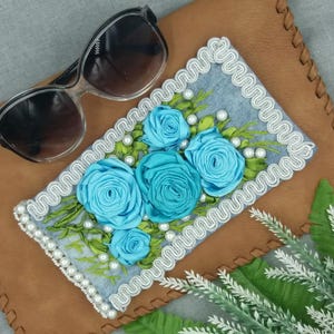 Handmade Embroidered Denim Glasses Case: Ribbon Flower Design