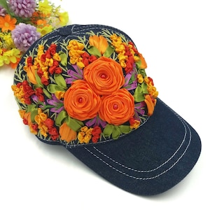Hand Embroidered Denim Baseball Cap: Orange Roses & Wildflowers