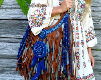 Bohemian Faux Suede Fringe Embellished Hobo Bag With Embroidered Ethnic Pendant