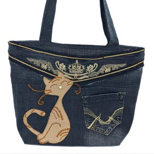 Jean Tote Upcycled Denim Bag Upcycled Denim Shoulder Bag Levi Denim Bag, Patchwork Jean Tote Embroidered Jean Tote Ladies Cat Bag Jean Bag