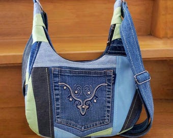 Recycled Denim Hobo Bag: Boho Patchwork Crossbody