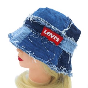 Bucket Hat: Handmade Upcycled Denim, Denim Bucket Hat Men, Denim Bucket Hat Women, Denim Sunhat, Distressed Bucket Hat Blue, XL Denim Sunhat