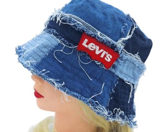 Bucket Hat: Handgjord återvunnen denim, Denim Bucket Hat Herr, Denim Bucket Hat Dam, Denimsolhatt, Sliten Bucket Hat Blå, XL Denimsolhatt