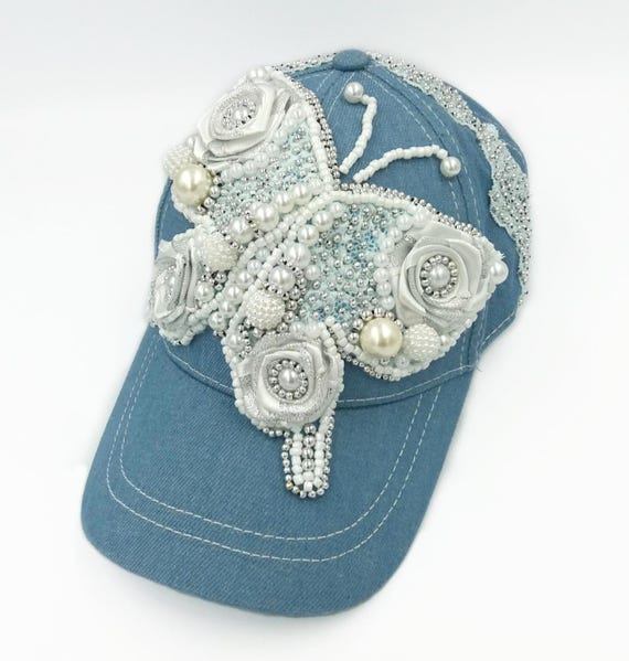 Hand Embroidered Bridal Jean Hat: Butterfly & Floral Design  display picture 1