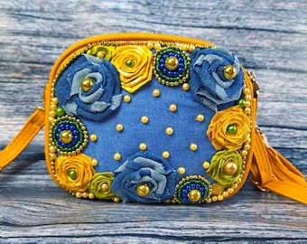 Embroidered Jean & Leather Crossbody Bag Ribbon Embroidery Floral Purse Embroidered Jean Crossbody Bag Boho Chic Crossbody Recycle Denim Bag