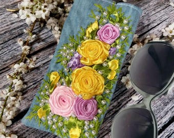 Handmade Embroidered Ribbon Glasses Case - Floral Denim Eyeglass Pouch, Fabric Glasses Case, Roses Glasses Case, Soft Cute Glasses Case