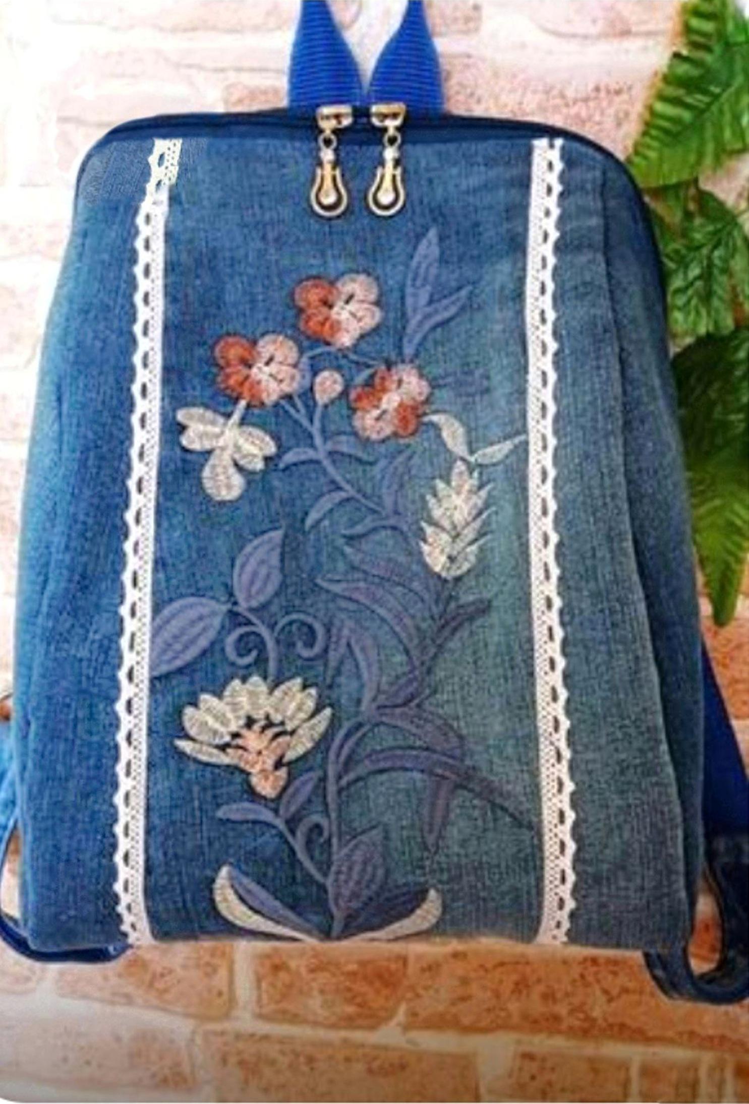 Embroidered Wildflower Denim Backpack: Recycled Jean 