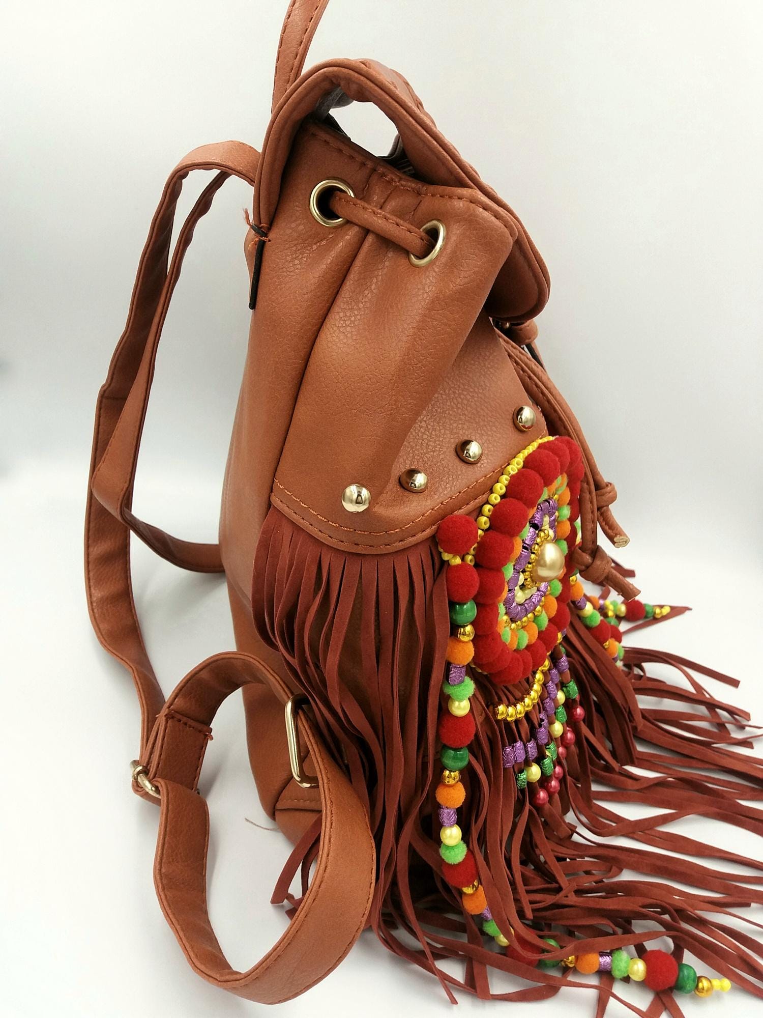 beaded tassel faux leather backpack knotty Faux Leather Fringe Backpack: Embroidered Boho Tribal Backpack Purse