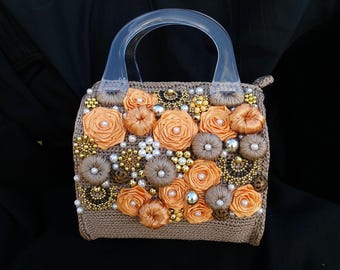 Unique Ribbon Flower Embroidery Bag Handbag Crochet Lily Purse Floral Hand Embroidery Ukrainian Purse Speedy Style Bag Crochet Duffle Bag