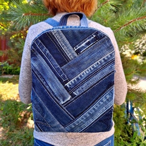 Recycled Denim Backpack Purse: Patchwork Blue Jean Rucksack