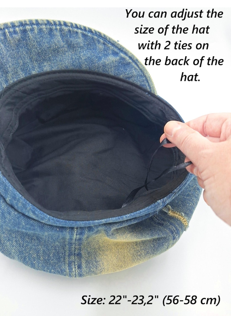 May include: Denim newsboy hat with a black interior lining. The hat's size is adjustable with ties at the back. The hat size is 22"-23.2" (56-58 cm).