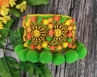 Beaded Embroidered Bracelet Hand Embroidered Native Bead Cuff Embroidered Cuff Wide Cuff Beaded Bracelet Boho Beaded Bracelet Green Cuff