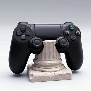 Könnte beinhalten: Ein schwarzer PlayStation 4-Controller ruht auf einem kleinen, cremefarbenen, steinartigen Sockel. Der Controller verfügt über das Standard-Tastenlayout mit farbigen Symbolen und Richtungstasten. Der Sockel ist als klassische Säule gestaltet.