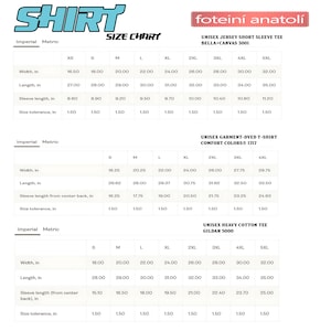 May include: Size chart for unisex t-shirts, including short sleeve tees, garment-dyed t-shirts, and heavy cotton tees. Measurements are provided in inches for width, length, and sleeve length, with size tolerance information.