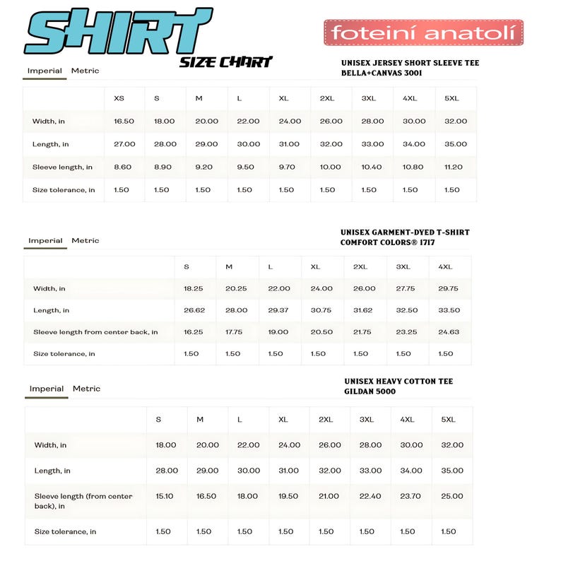 May include: Size chart for unisex t-shirts, including short sleeve tees, garment-dyed t-shirts, and heavy cotton tees. Measurements are provided in inches for width, length, and sleeve length, with size tolerance information.