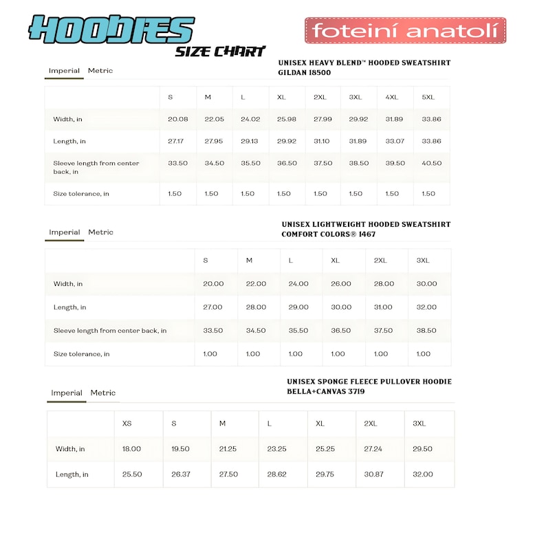 May include: Size chart for hoodies, including measurements in inches for Unisex Heavy Blend Hooded Sweatshirt, Unisex Lightweight Hooded Sweatshirt, and Unisex Sponge Fleece Pullover Hoodie.