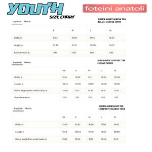 May include: A size chart for youth t-shirts, including Bella+Canvas, Gildan, and Comfort Colors brands. Measurements are in inches for width, length, and sleeve length, with size tolerance information. The chart includes sizes XS to XL.