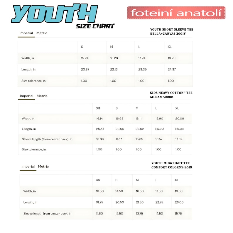 May include: A size chart for youth t-shirts, including Bella+Canvas, Gildan, and Comfort Colors brands. Measurements are in inches for width, length, and sleeve length, with size tolerance information. The chart includes sizes XS to XL.