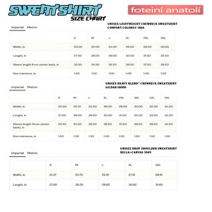 May include: A size chart for unisex sweatshirts, including lightweight crewneck, heavy blend crewneck, and drop shoulder styles. Measurements are provided in inches for width, length, and sleeve length, with size tolerance details. The chart includes sizes S to 5XL.