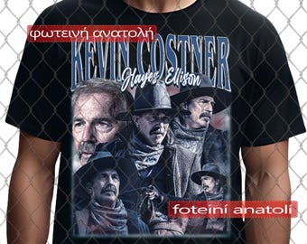 May include: Black t-shirt featuring a collage of images of Kevin Costner, with the text "KEVIN COSTNER Hayes Ellison" in blue and white. The shirt also has the text "φωτεινή ανατολή" in red.