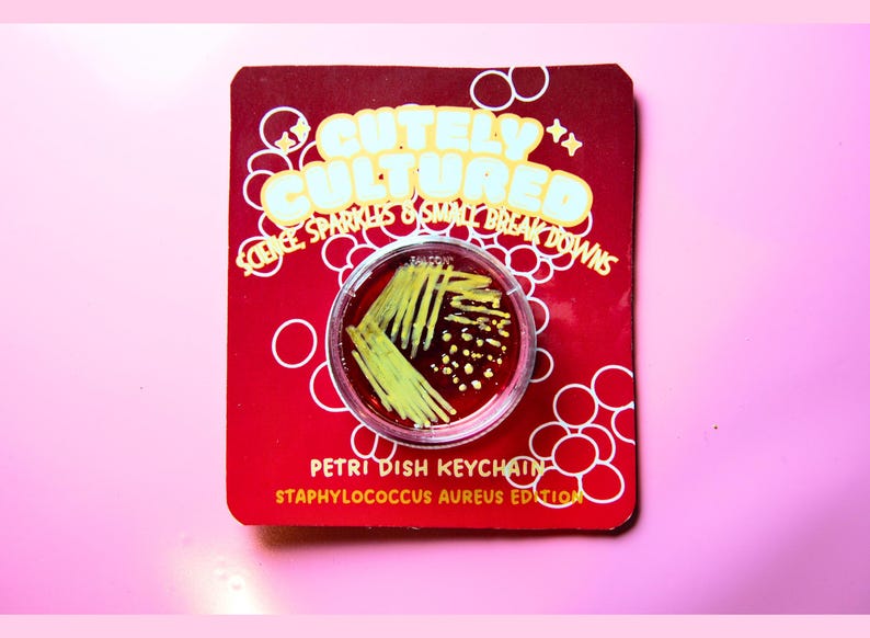 Petri Dish Keychain, Microbiology Bacteria Keyring, Cute Gift for PhD Student, Lab Technician or Scientist, Staphylococcus aureus Edition image 9