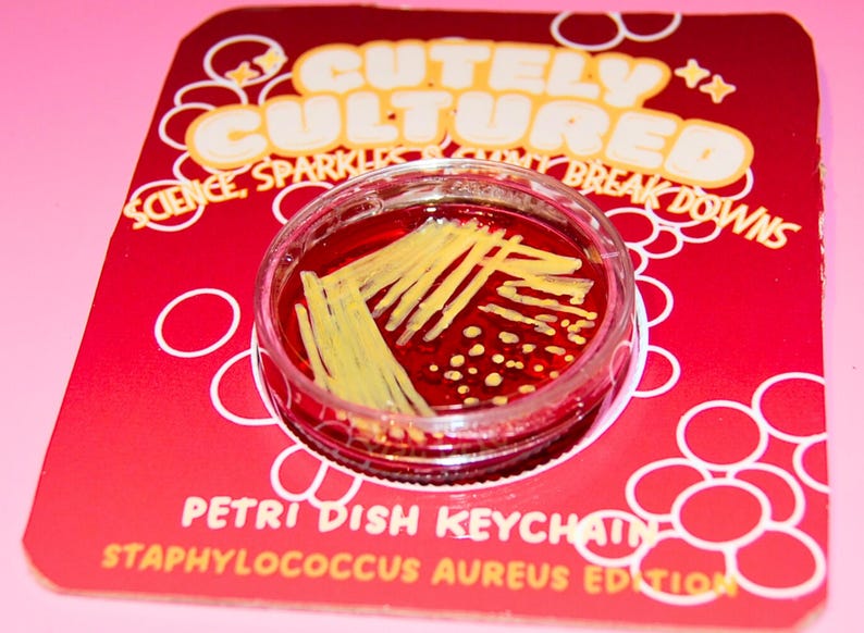 Petri Dish Keychain, Microbiology Bacteria Keyring, Cute Gift for PhD Student, Lab Technician or Scientist, Staphylococcus aureus Edition image 8