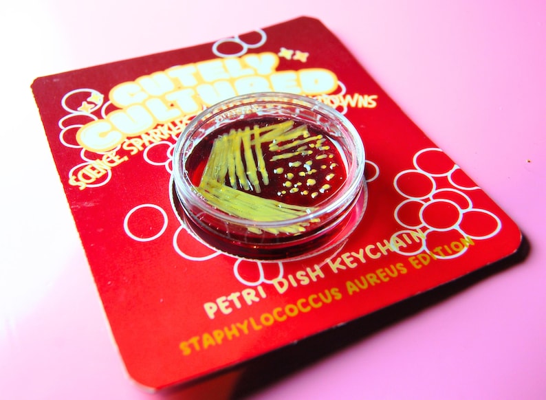 May include: A circular clear plastic petri dish keychain featuring a deep red base with yellow streak patterns and small yellow dots. It is mounted on a red display card with white text reading "CULTURED SCIENCE SPARKLES" and "PETRI DISH KEYCHAIN STAPHYLOCOCCUS AUREUS EDITION".