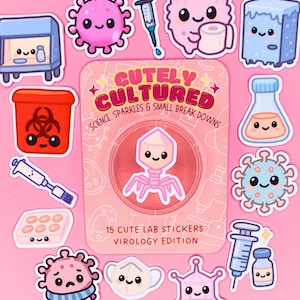 May include: A collection of 15 science-themed stickers featuring cute, anthropomorphic lab equipment and viruses. The central packaging displays the text CUTELY CULTURED, SCIENCE, SPARKLES & SMALL BREAK DOWNS, and 15 CUTE LAB STICKERS VIROLOGY EDITION.