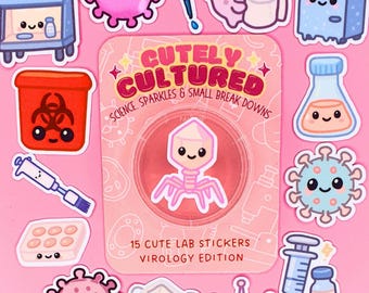 May include: A collection of 15 science-themed stickers featuring cute, anthropomorphic lab equipment and viruses. The central packaging displays the text CUTELY CULTURED, SCIENCE, SPARKLES & SMALL BREAK DOWNS, and 15 CUTE LAB STICKERS VIROLOGY EDITION.
