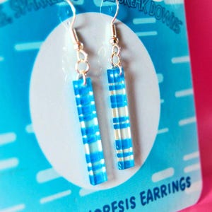 Può includere: Orecchini pendenti con ciondoli rettangolari in acrilico trasparente con strisce blu orizzontali. Gli orecchini sono appesi a ganci in metallo color argento. Il cartoncino espositore riporta il testo "CULTURED", "SPARKLES & SMALL BREAK DOWNS" e "ELECTROPHORESIS EARRINGS".