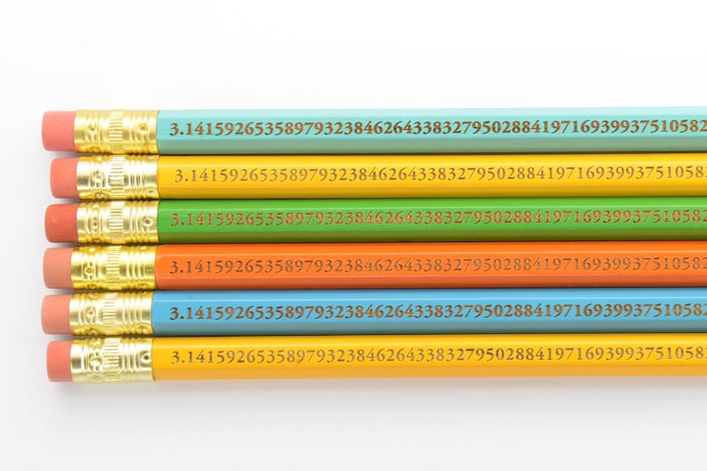 May include: A collection of six pencils in various colors, including blue, yellow, green, and orange. Each pencil has the digits of pi printed on the side and a pink eraser.