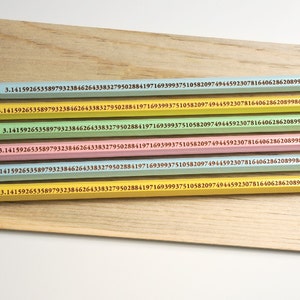 May include: A collection of six pencils in various pastel colors, each with the digits of pi printed along the side. The pencils have pink erasers and gold-colored metal bands. They are arranged on a light-colored wooden surface.